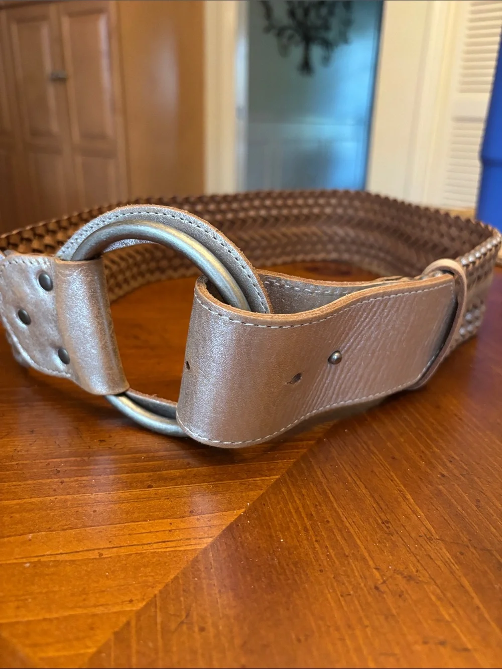 A|X Armani Exchange Braided Leather Belt Metallic Silver Gold